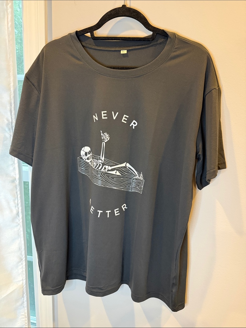 Never Better Skeleton Graphic Tee - Dark Gray woman’s stretchy top NWOT